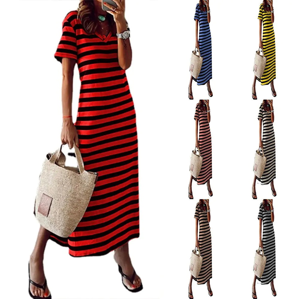 Women's V-Neck Striped Loose Maxi Dress with Side Slit - Image 12