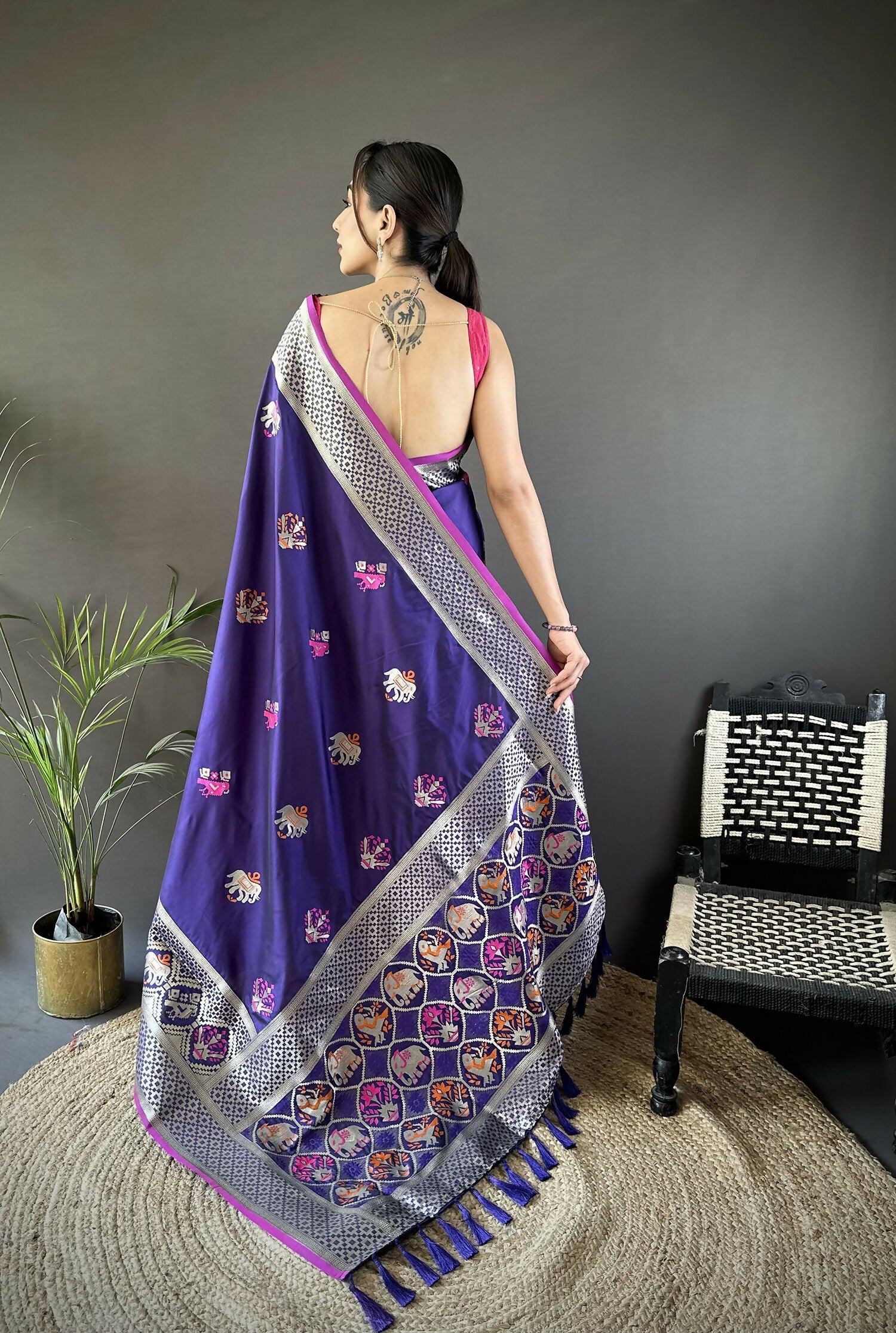 Royal Blue Banarasi Saree with Elephant and Floral Motifs