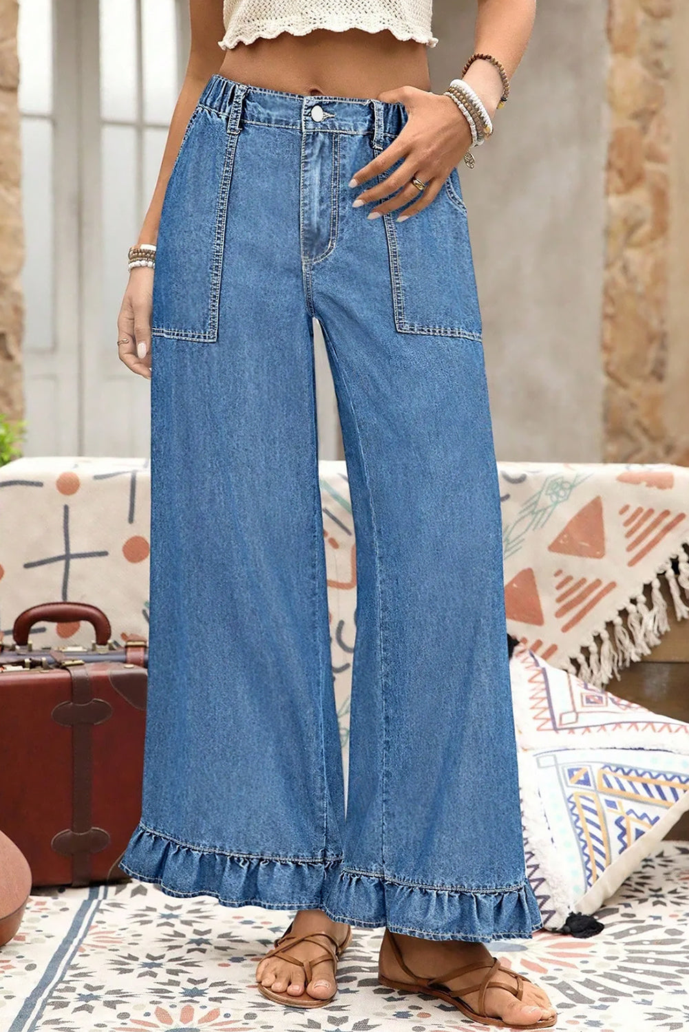 Ashleigh Blue Elastic Waist Ruffled Wide Leg Denim Pants