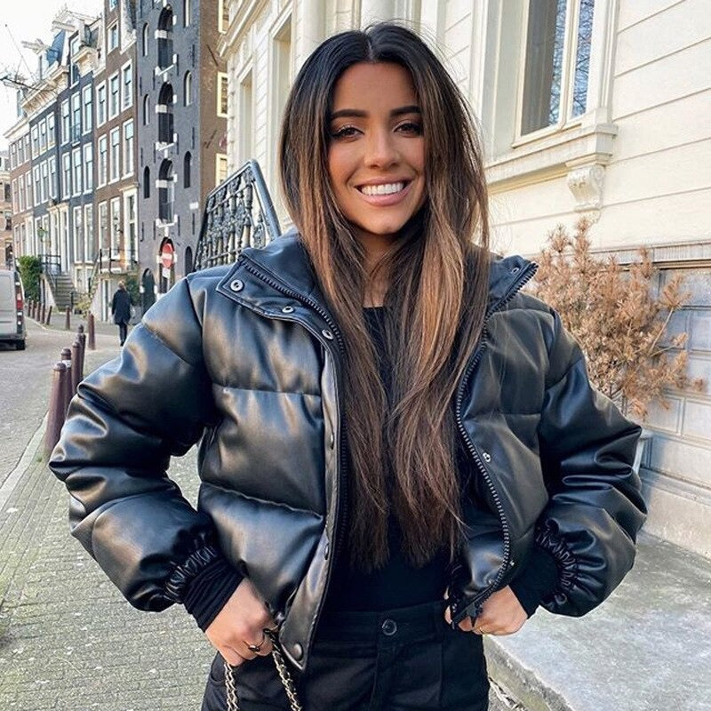 Women's Cropped Puffer Jacket with Standing Collar & Faux Leather Look - Image 8