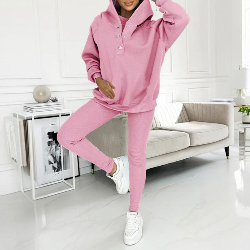 Women Solid Color Three Piece Set Hooded Sweatshirt Vest Pants - Image 2