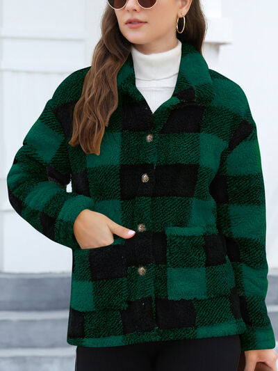 Women's Red Drop Shoulder Fuzzy Button-Up Jacket