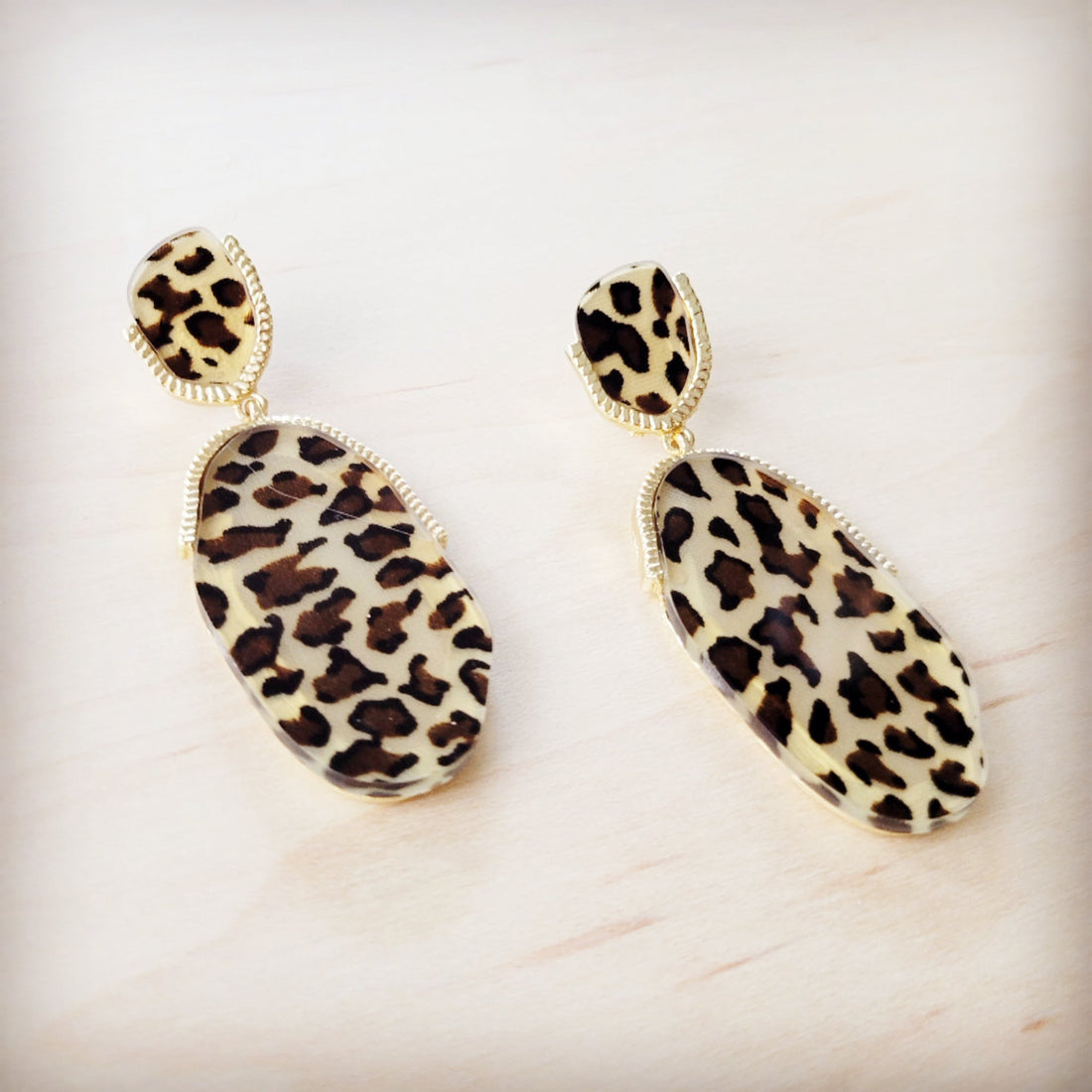 Gold-Tone Leopard Print Oval Dangle Earrings - Image 3
