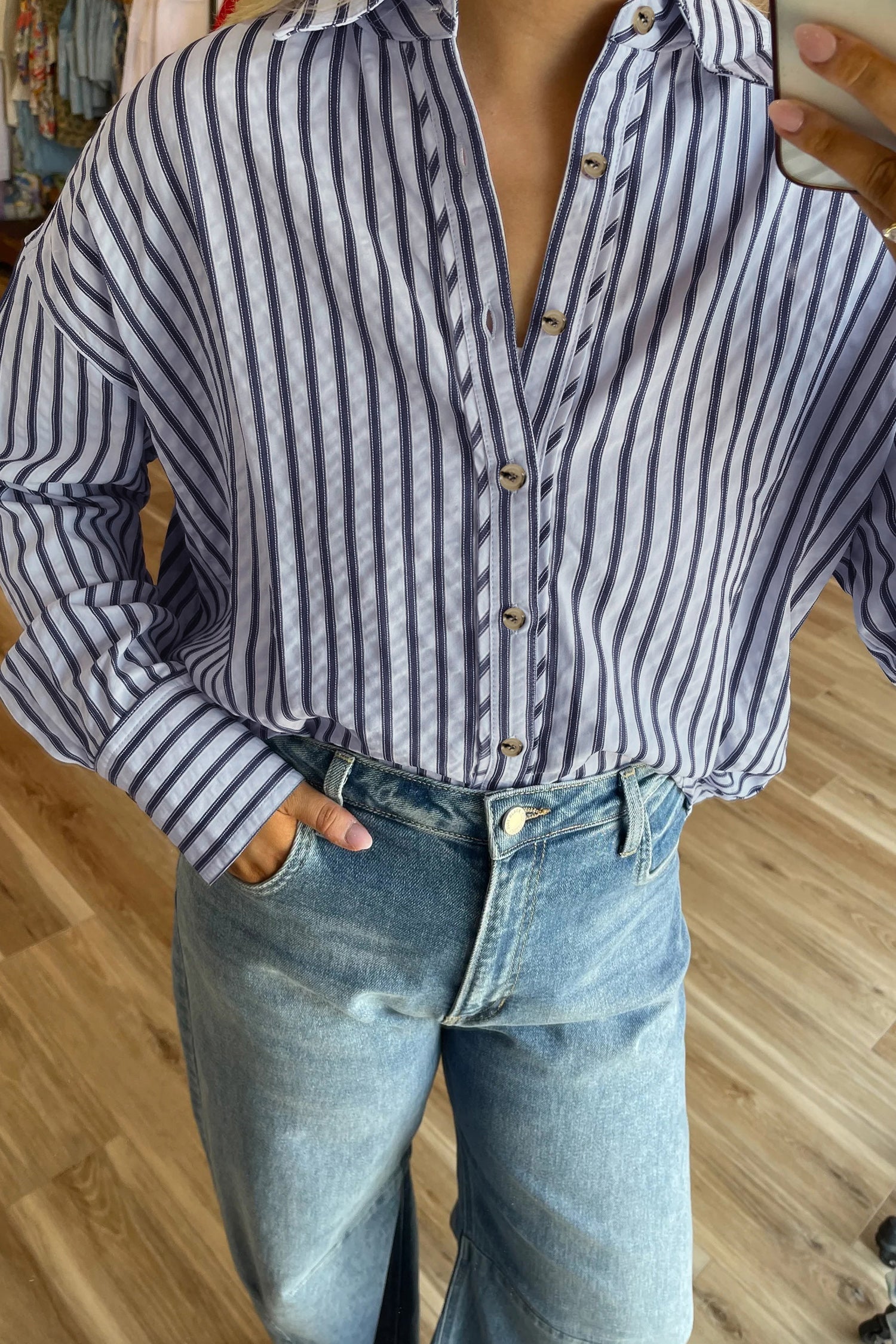Blue Stripe Button Down Long Sleeve Loose Shirt