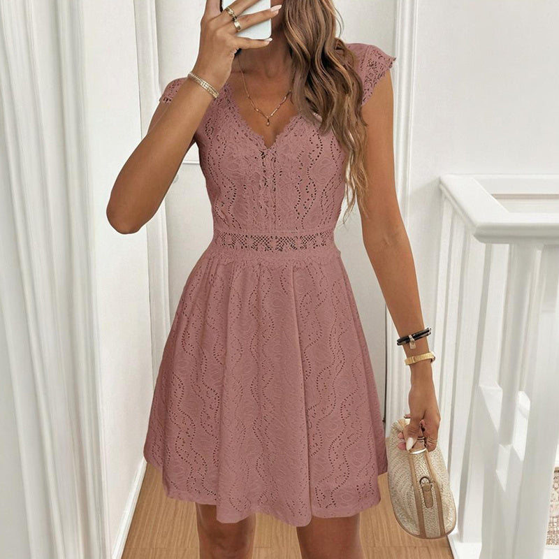 Women’s V‑Neck Short‑Sleeve Lace Trim Mini Dress - Image 3