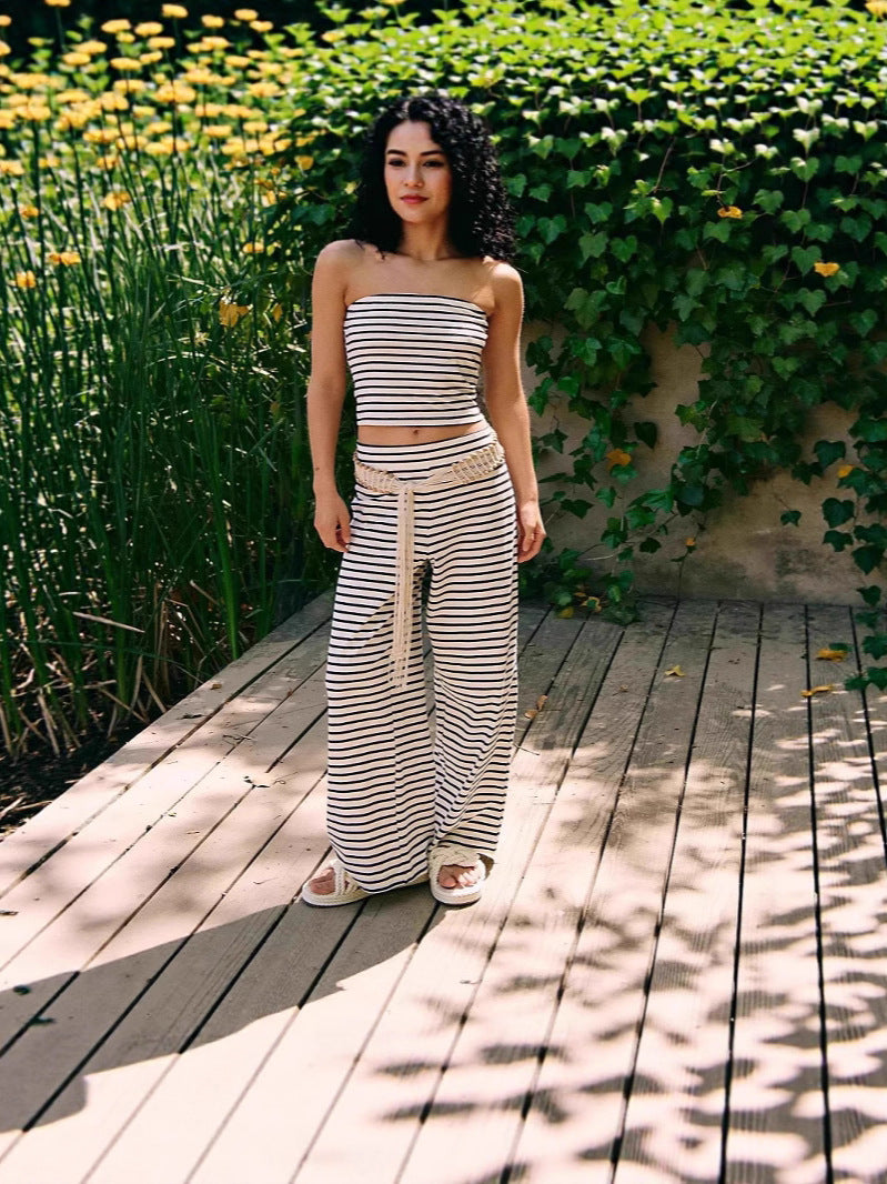 Women's Striped Modal Tube Top and Wide Leg Pants Set - Image 12