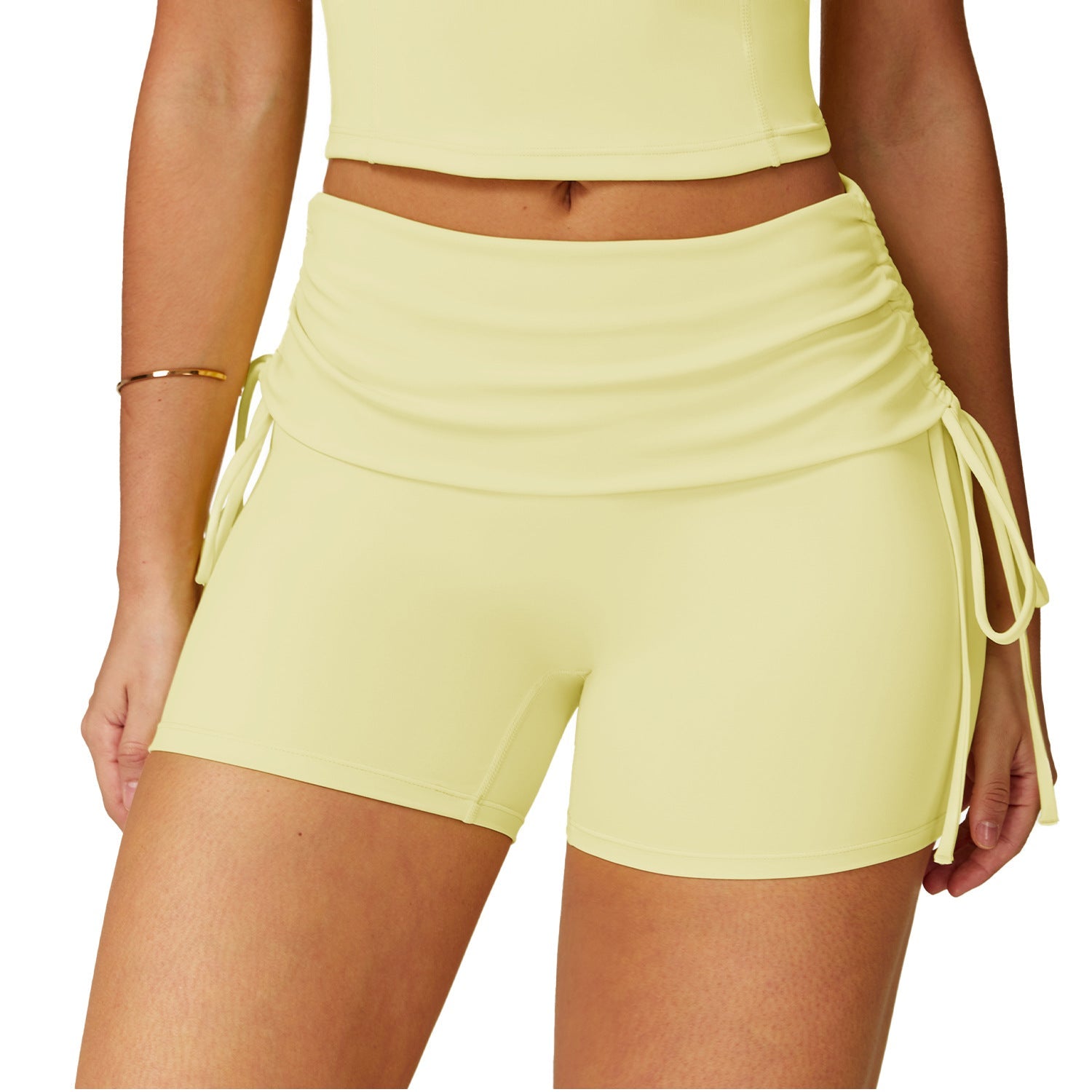 Women's drawstring tight yoga shorts in black, featuring an adjustable waist and minimalist design.