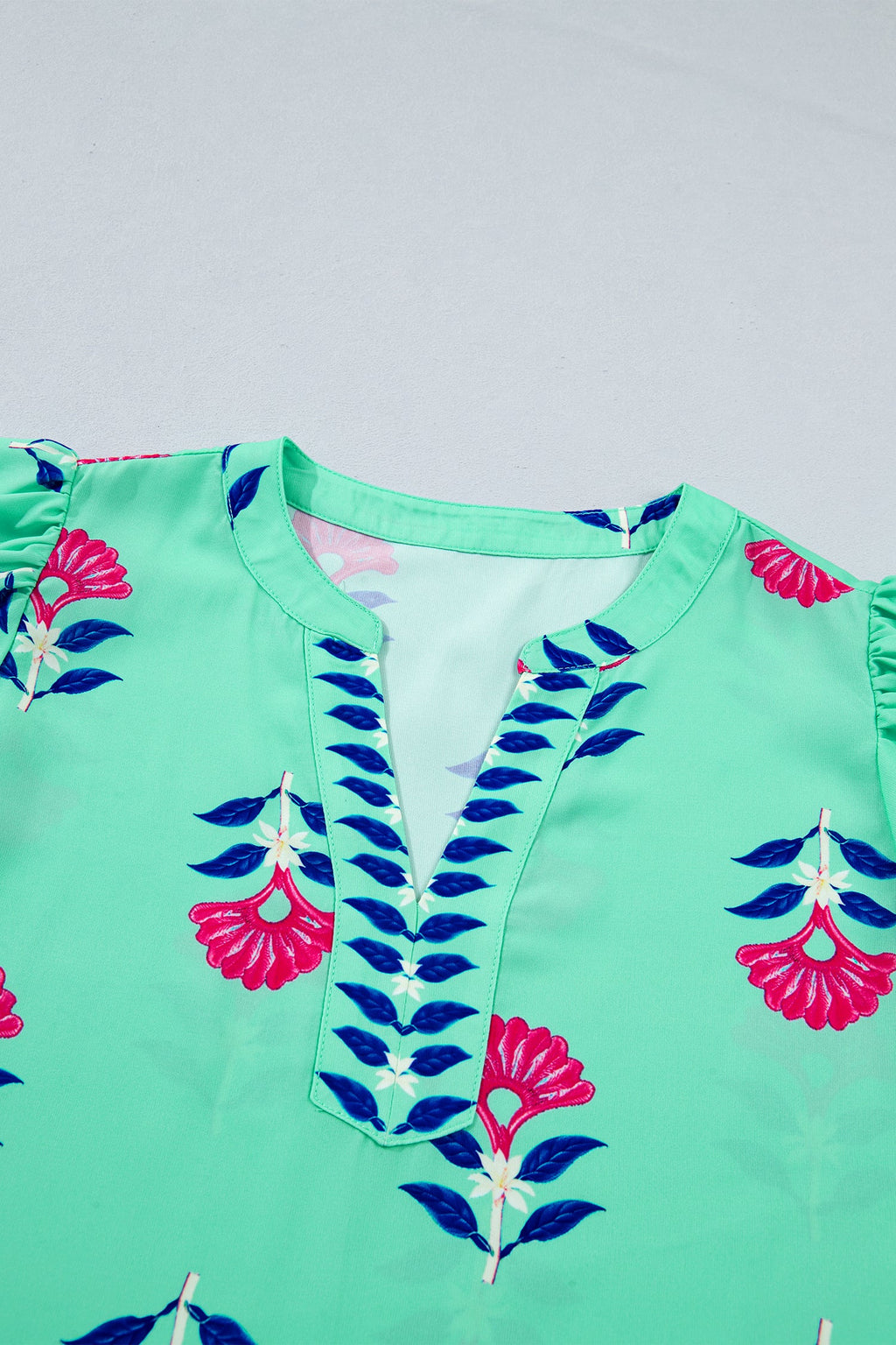 Floral Flutter Short Sleeve V-Neck Blouse in Mint Pink Navy