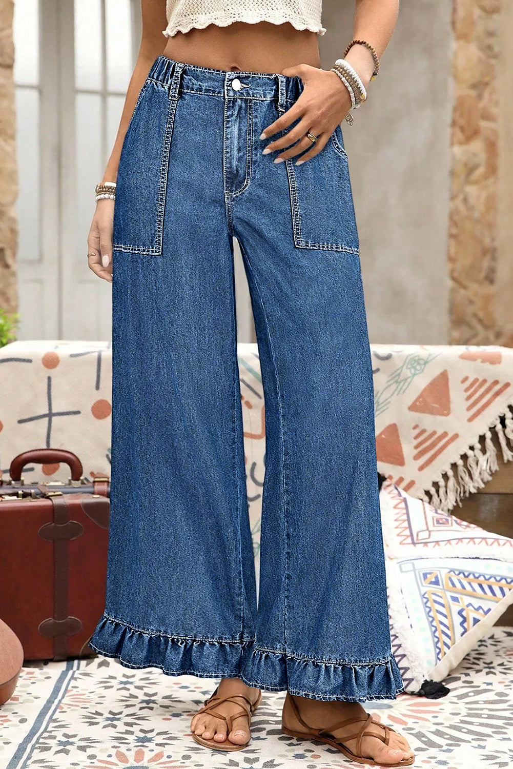 Black Elastic Waist Ruffled Wide Leg Denim Pants