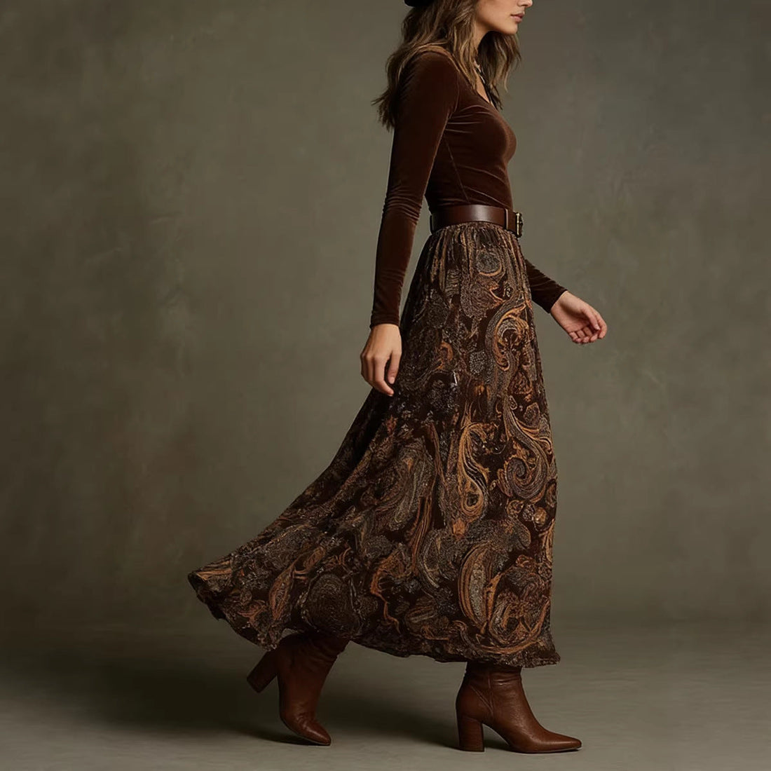 Women's Paisley Print Long Sleeve Skirt Set with Belt in Caramel - Image 5