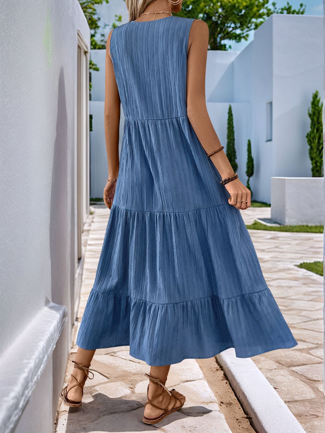 Dusty Blue Sleeveless Notched Button Dress Minimalist Style