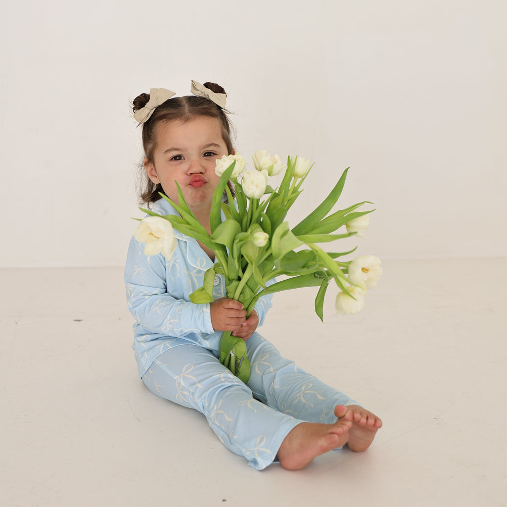 Girl’s Bamboo Button Up Lounge Set | Blue Bows