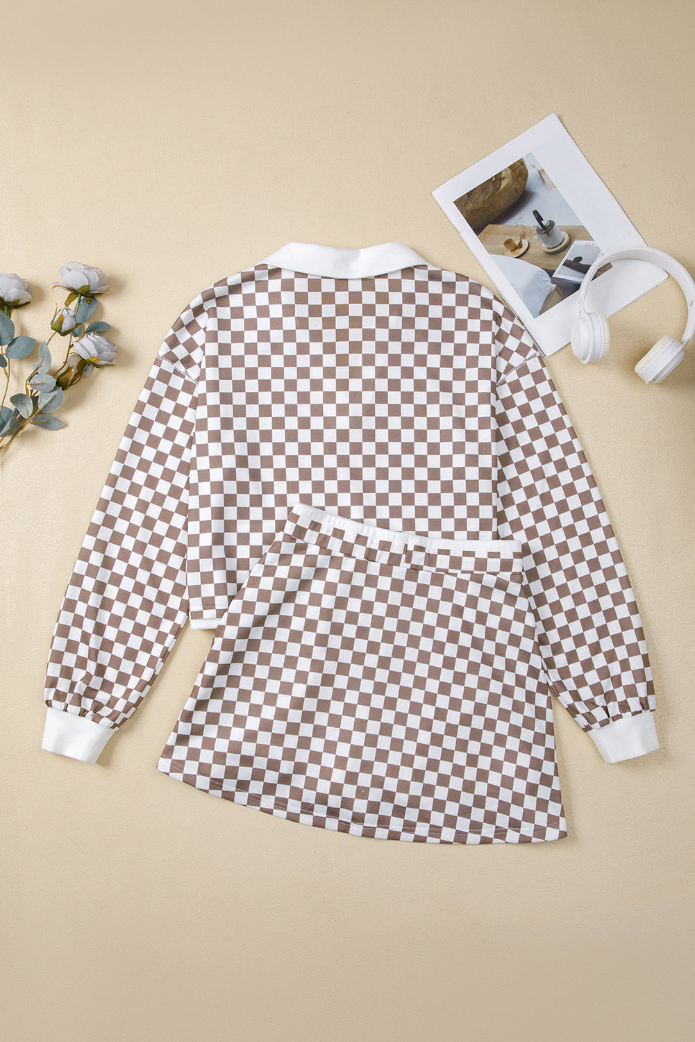 Checker Long Sleeve Top and Drawstring Mini Skirt Set