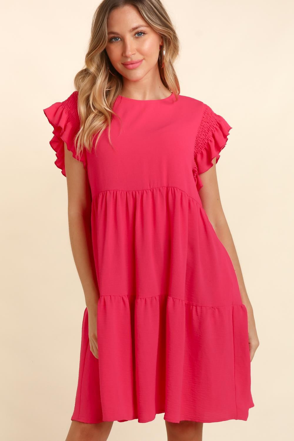 Smocked Ruffle Short Sleeve Dress with Pockets in Hot Pink