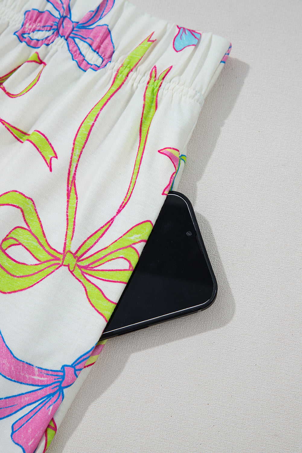 White Colorful Bow Print Pocket Shorts | Summer Elastic Blend