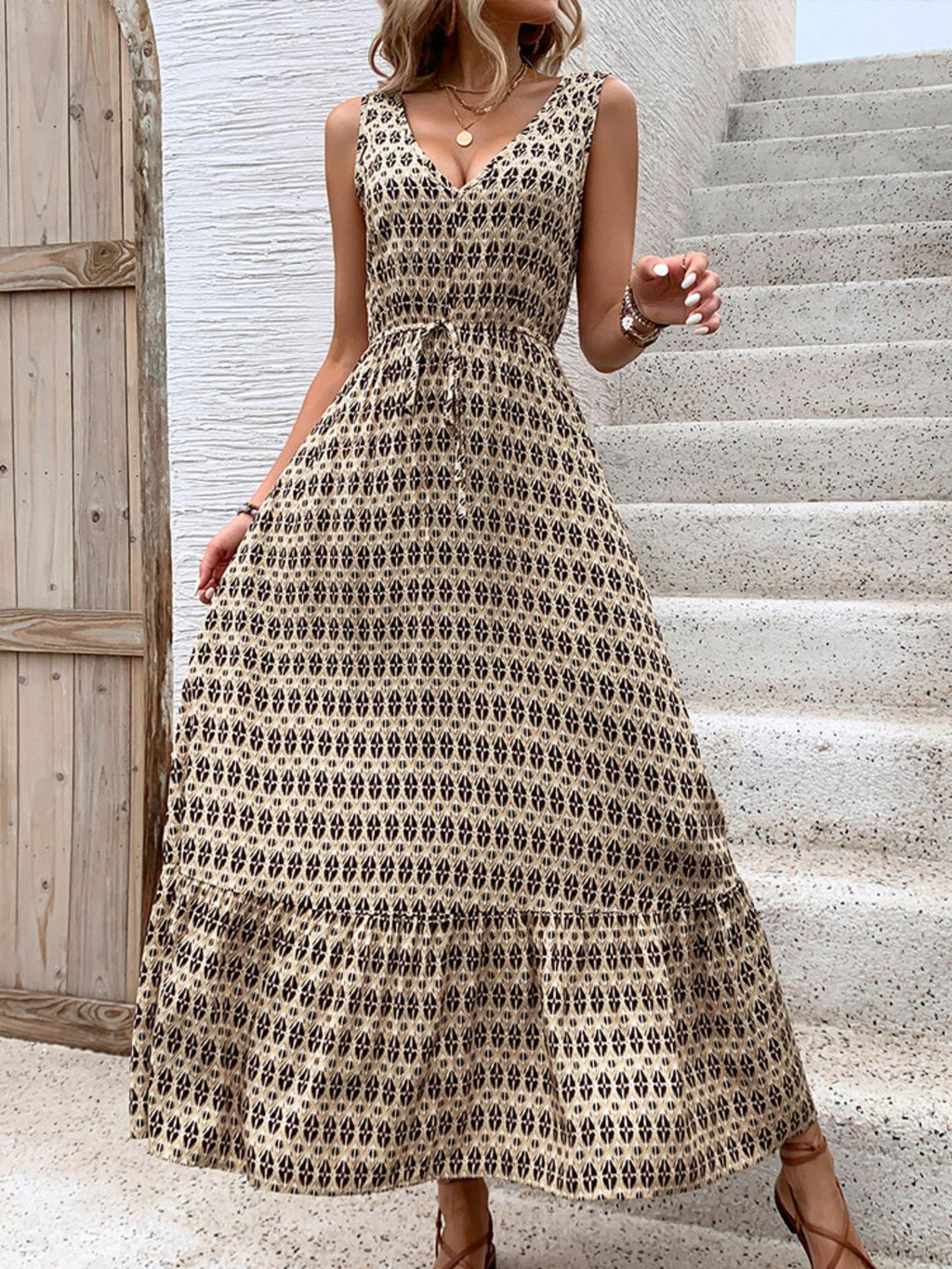Vintage Printed V-Neck Midi Dress with Tie Waist