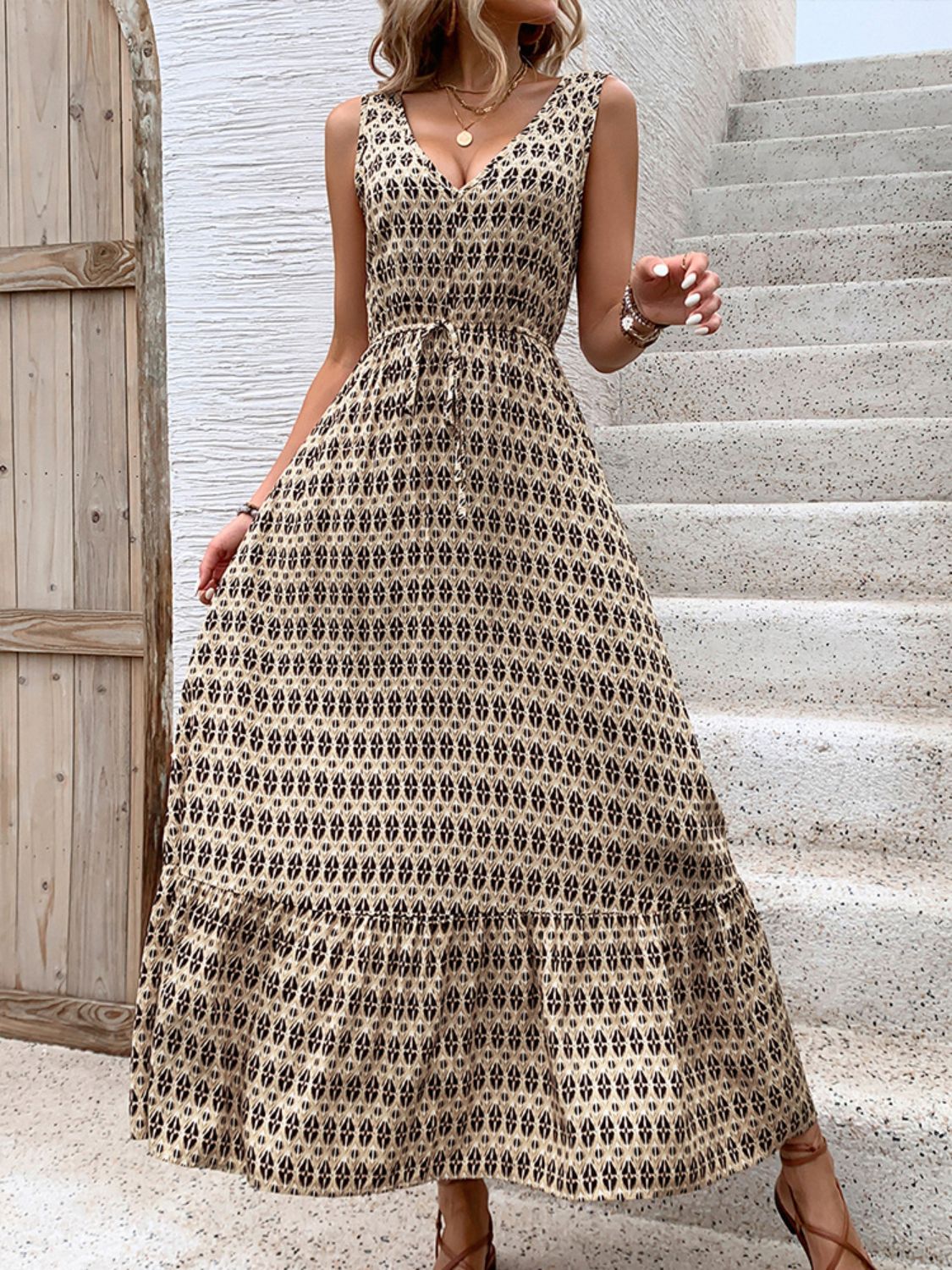 Vintage Printed V-Neck Midi Dress with Tie Waist