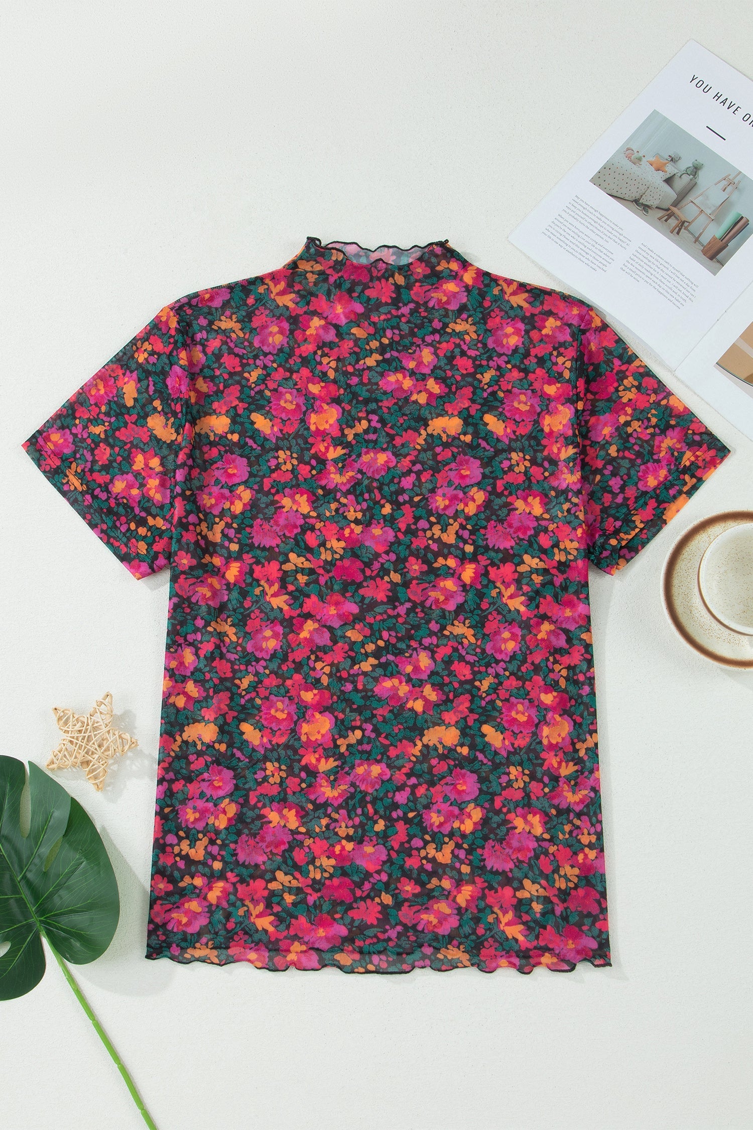 Floral Mesh Short Sleeve Top in Pink, Orange, Green, and Black