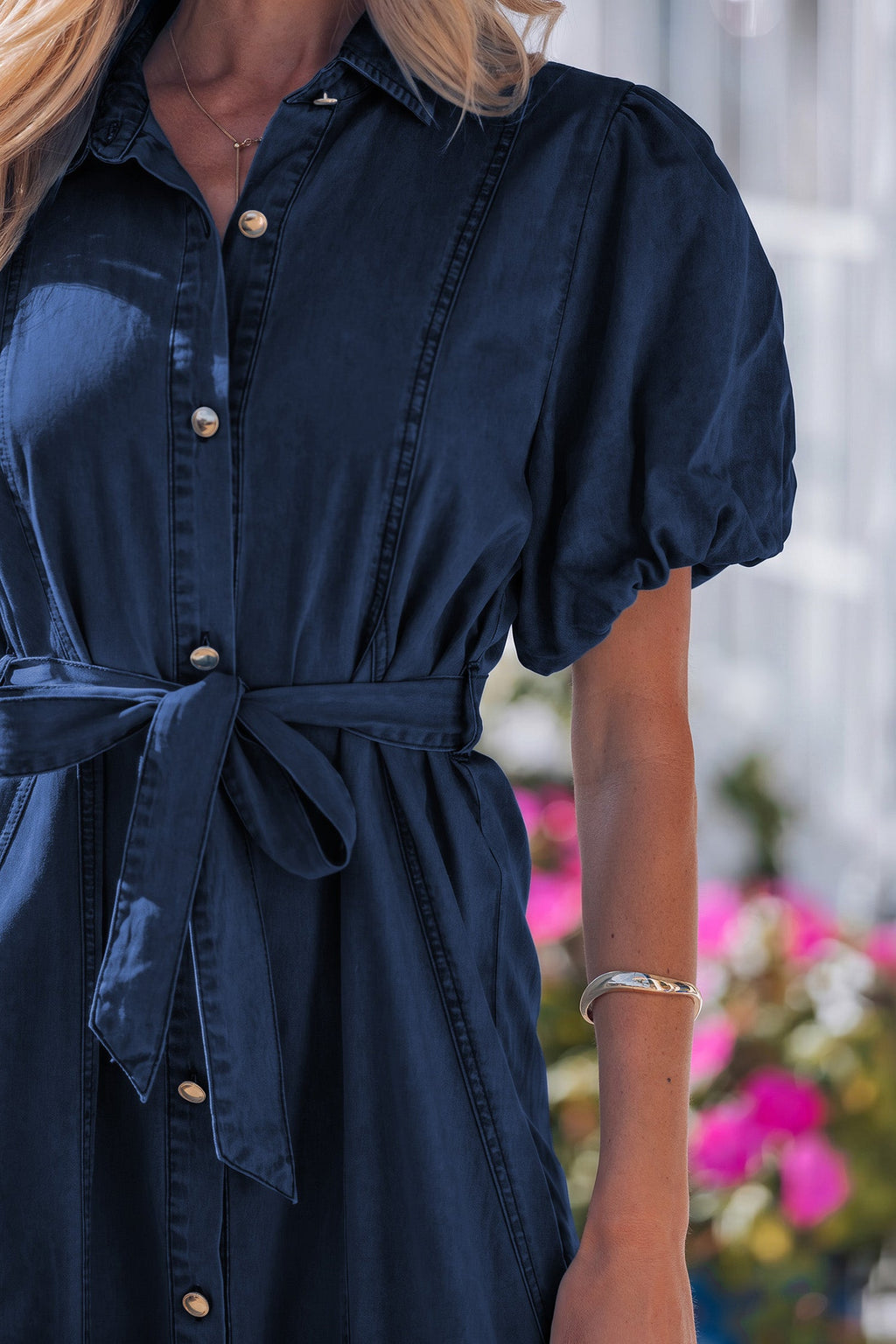 Makayla Bubble Sleeve Denim Button Down Midi Dress in Dark Blue