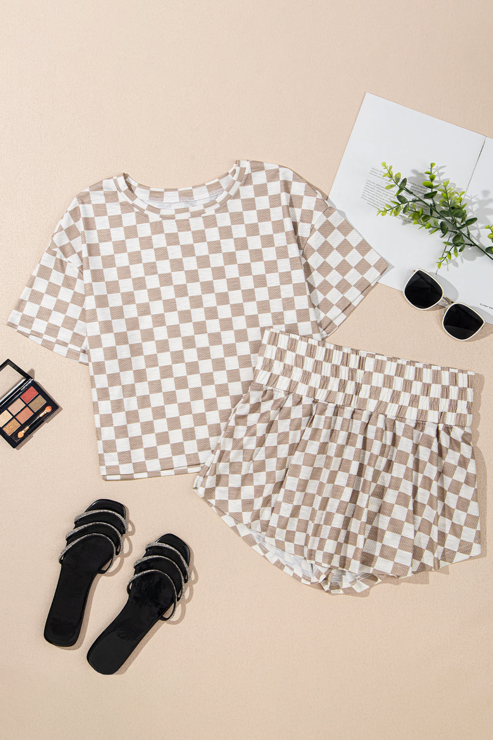 Brown Checkerboard T-Shirt & High Waist Skorts 2-Piece Set
