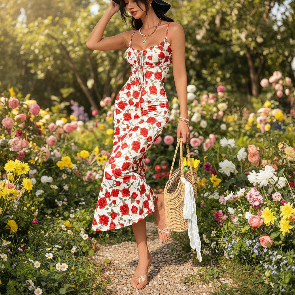 Women's Rose Print Lace-Up Sweetheart Mermaid Maxi Dress