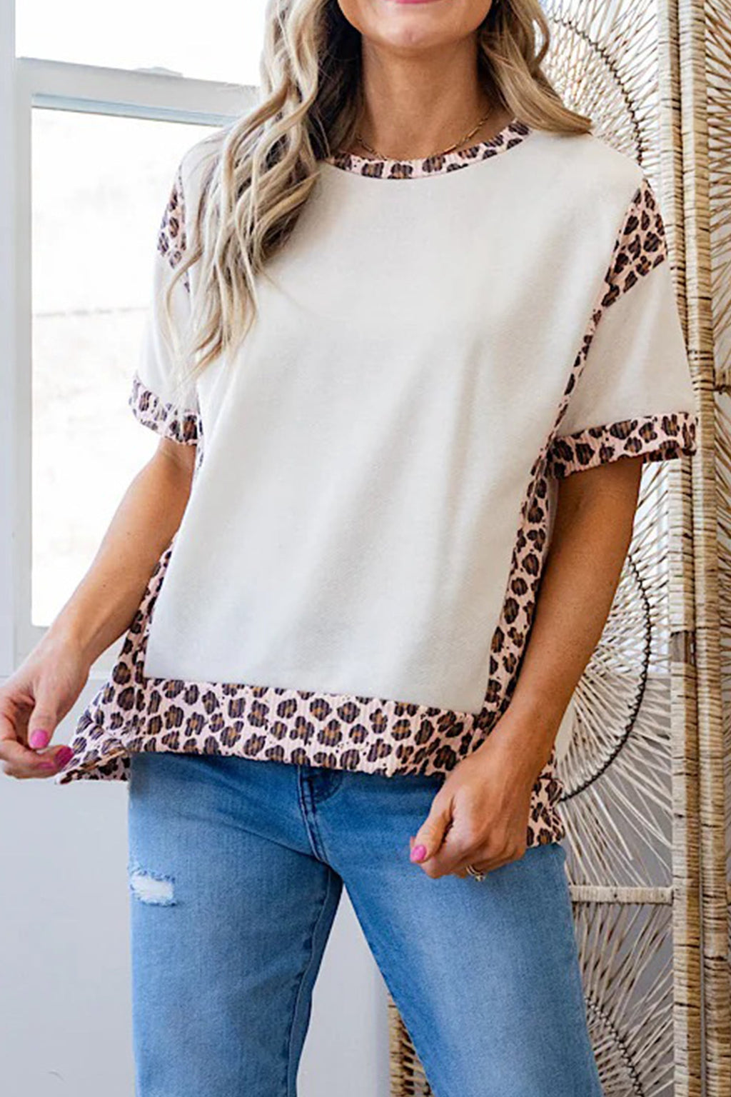 White Ribbed Leopard Patchwork Uneven Hem T-Shirt