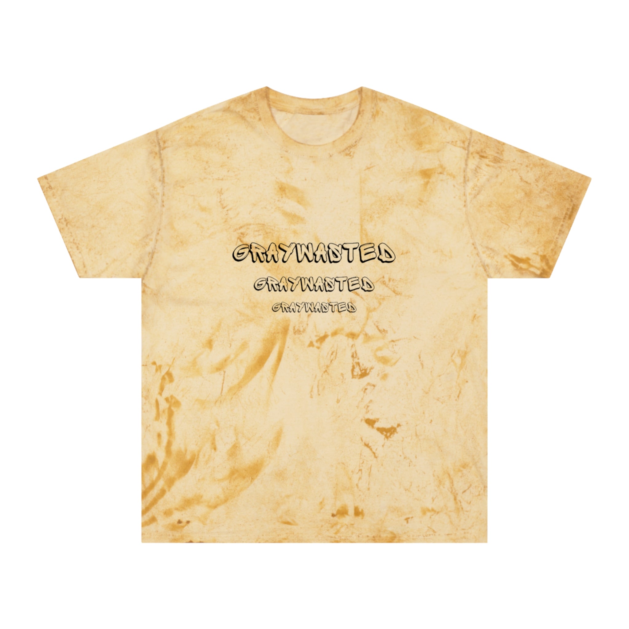 Unisex relaxed fit short-sleeve cotton t-shirt with unique acid-wash color blast effect in yellow, gray, purple, and green.