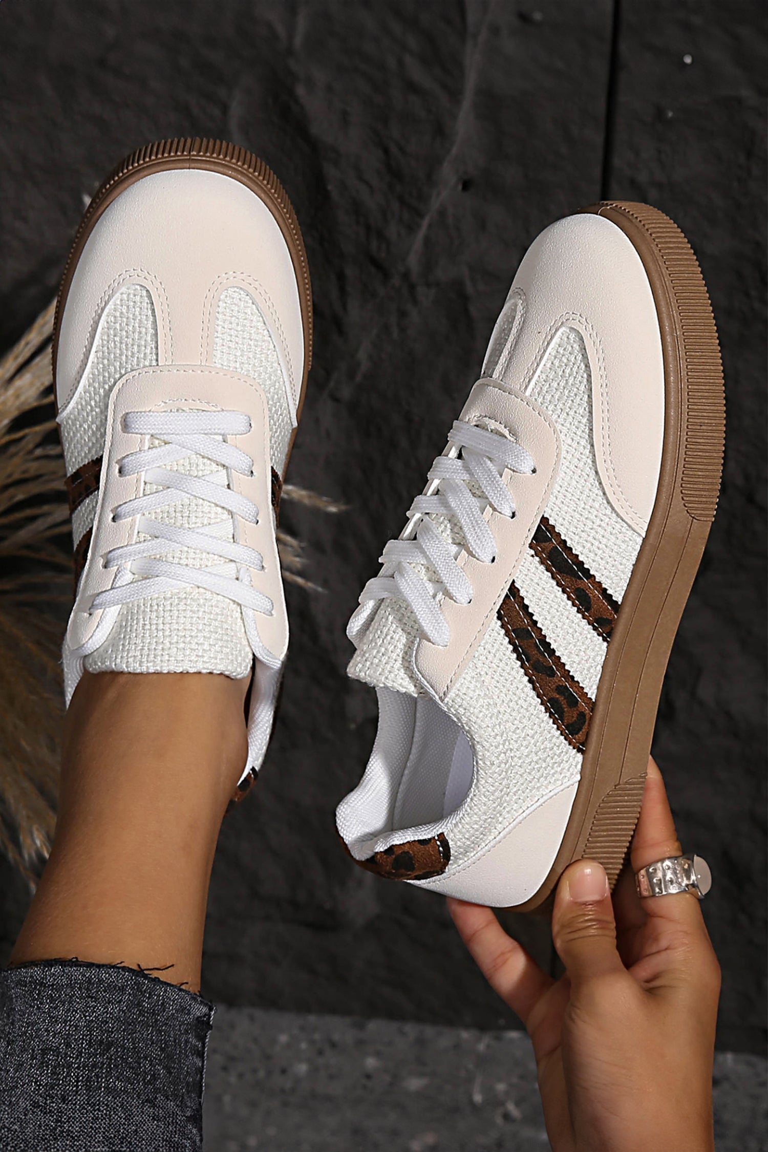 White Leopard Patchwork Woven PU Leather Sneakers