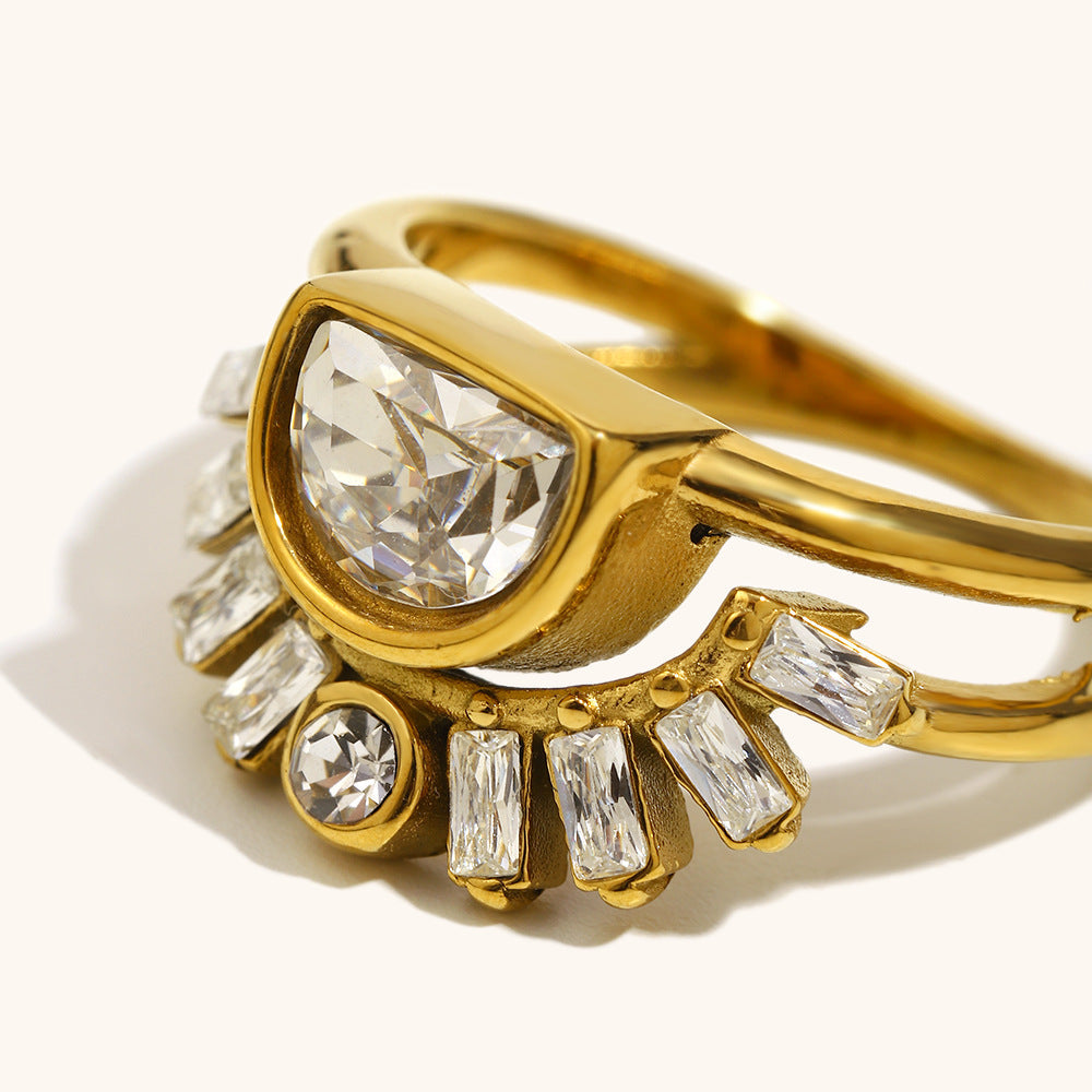 Sun Double-Layer Geometric Stainless Steel Ring for Women Gold