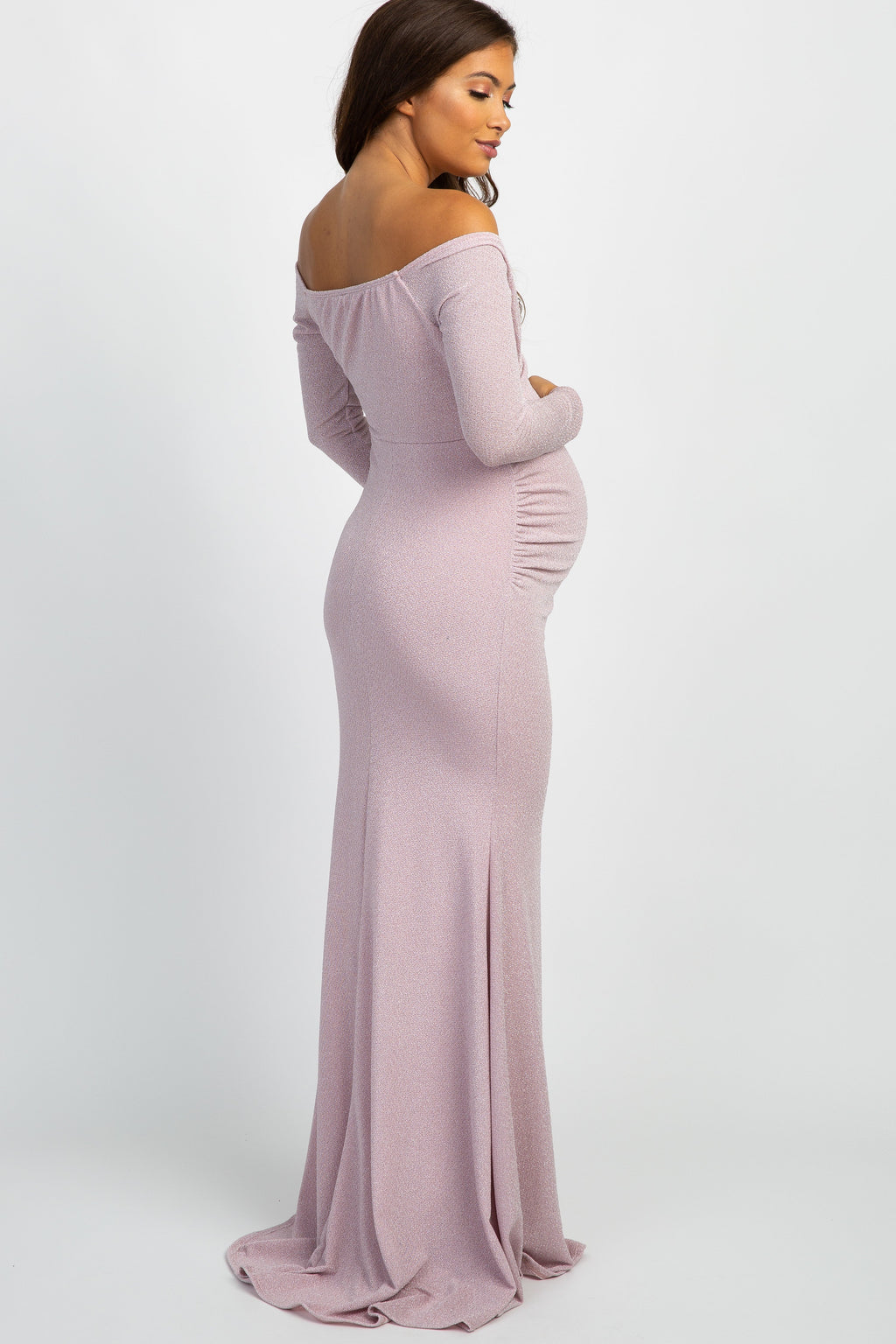 PinkBlush Pink Metallic Off Shoulder Long Sleeve Wrap Maternity Photoshoot Gown/Dress
