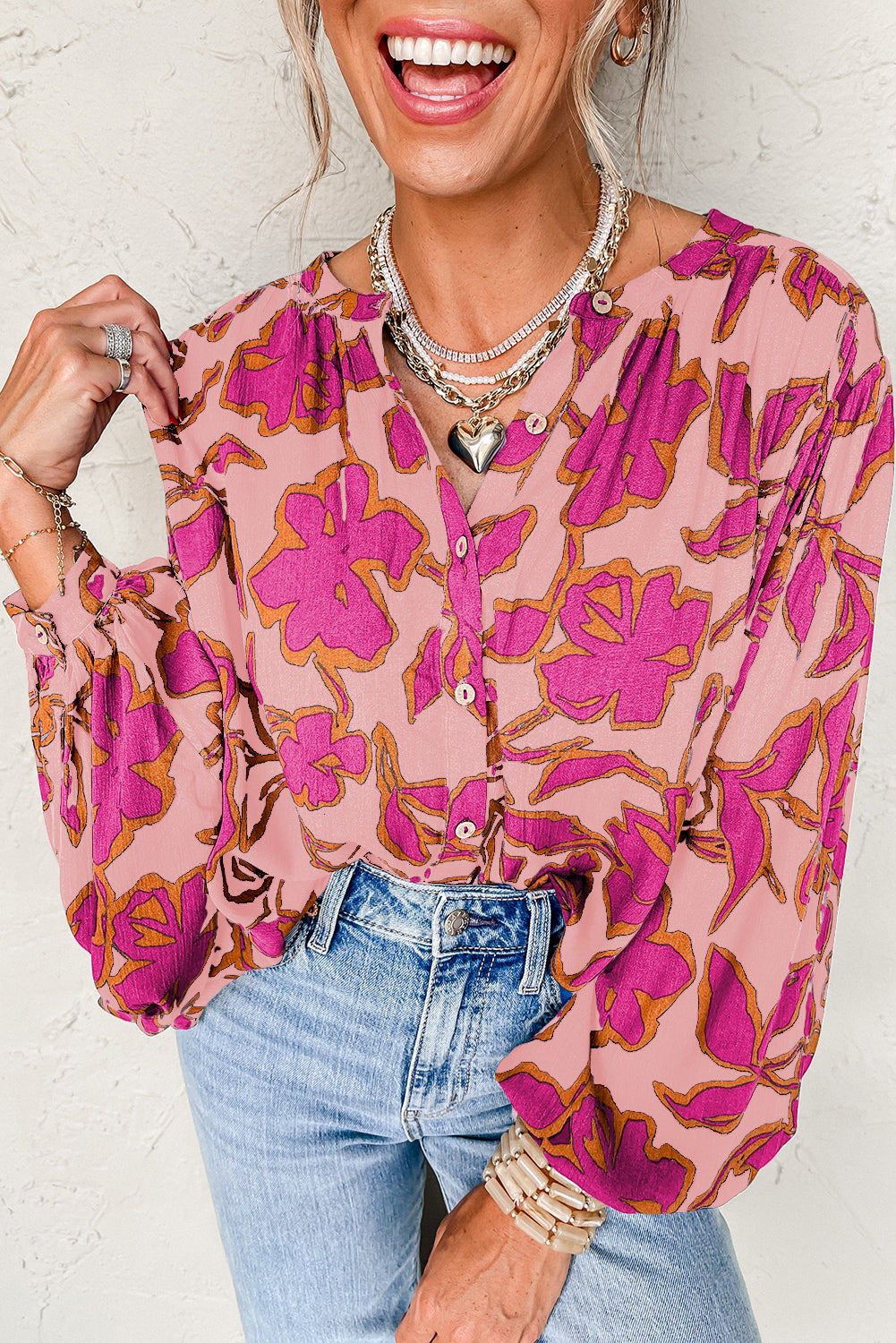 Blue Floral Print Batwing Sleeve Buttoned Shirt