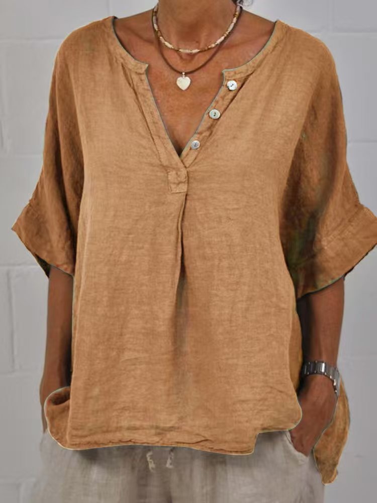 Women's Cotton Linen V-Neck Button-Up Shirt Casual Top - Image 8