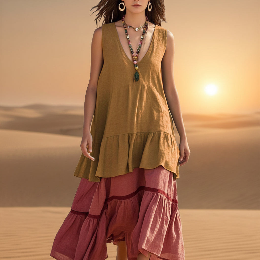 Women's Sleeveless Color-Block Patchwork Maxi Dress – V-Neck