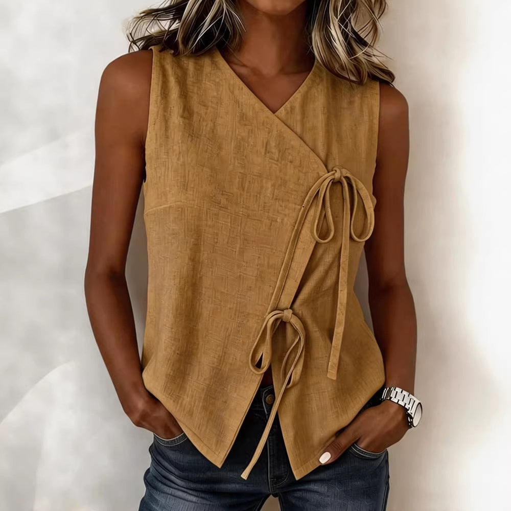 Bow-Tie V-Neck Tank Top in 5 Colors for Summer Comfort - Image 2