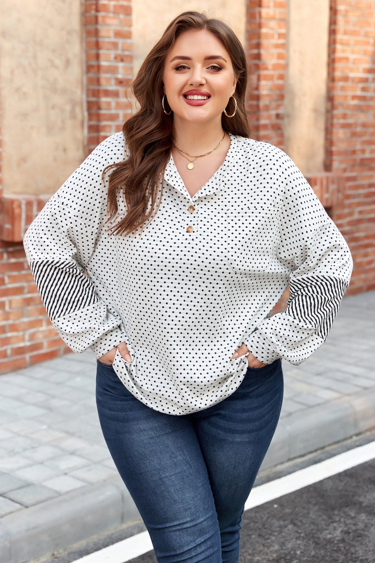 Plus Size Polka Dot Stripe Patchwork Henley Top