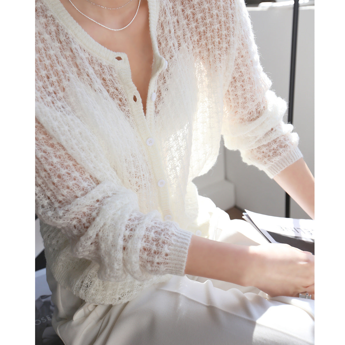 Women's White Mohair Crochet Cardigan