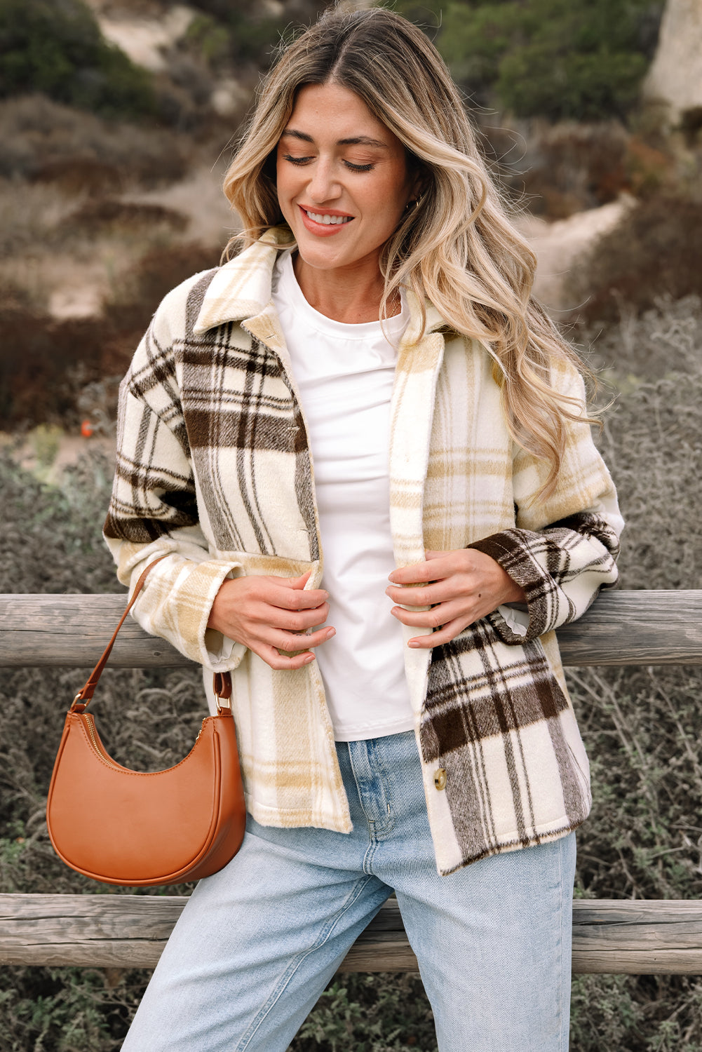 Women's Cream and Tan Plaid Patchwork Button Down Shacket - Image 4