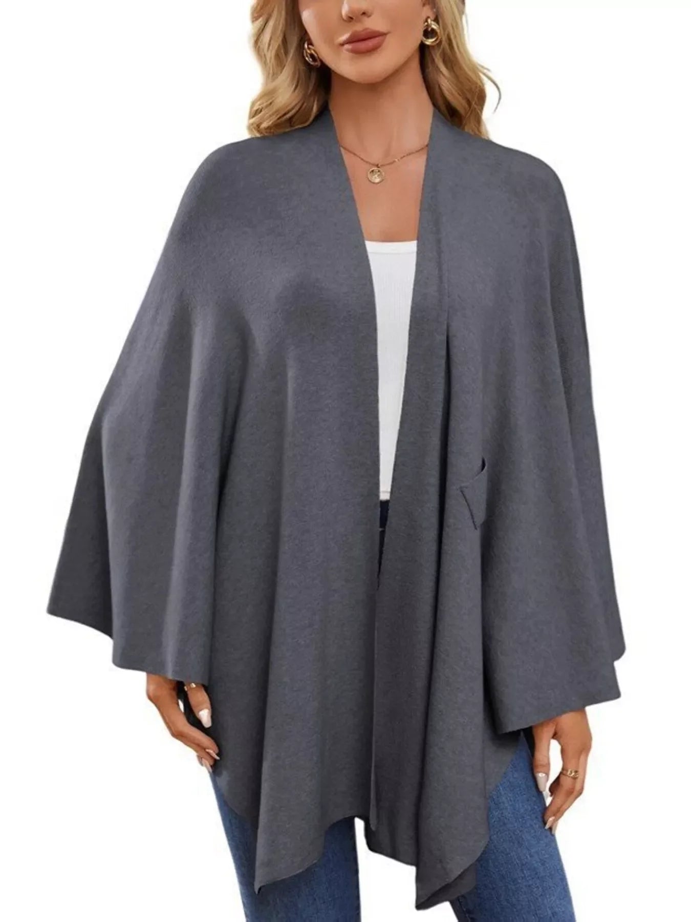 Solid Color Tie-Front Knit Cape Top