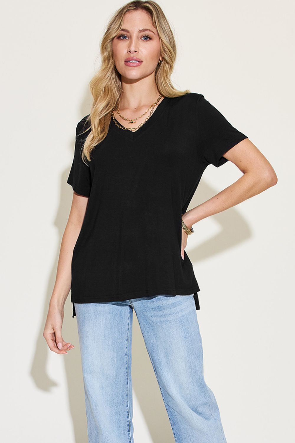 Women's Soft Black V-Neck T-Shirt with Modern Hi-Lo Hem - Image 3