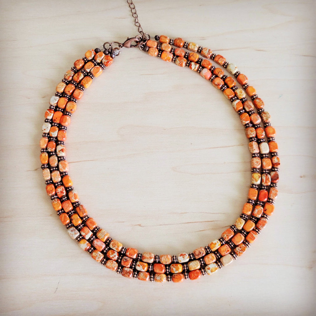 Triple Strand Layered Boho Orange Regalite Necklace 264n