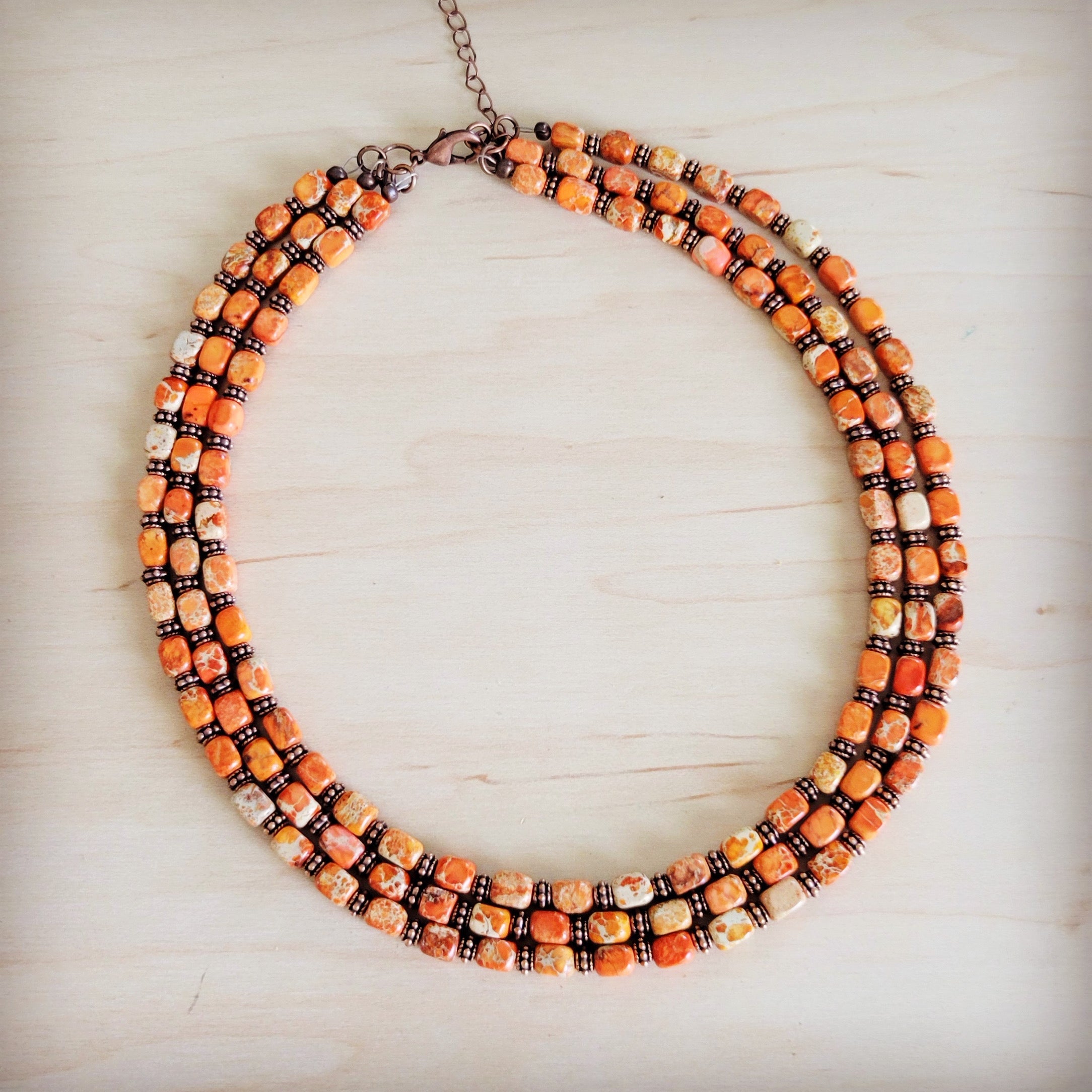 Triple Strand Layered Boho Orange Regalite Necklace 264n