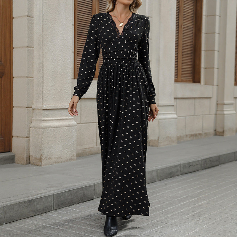 Elegant Retro Lace V-Neck Long Sleeve Bow Print Dress