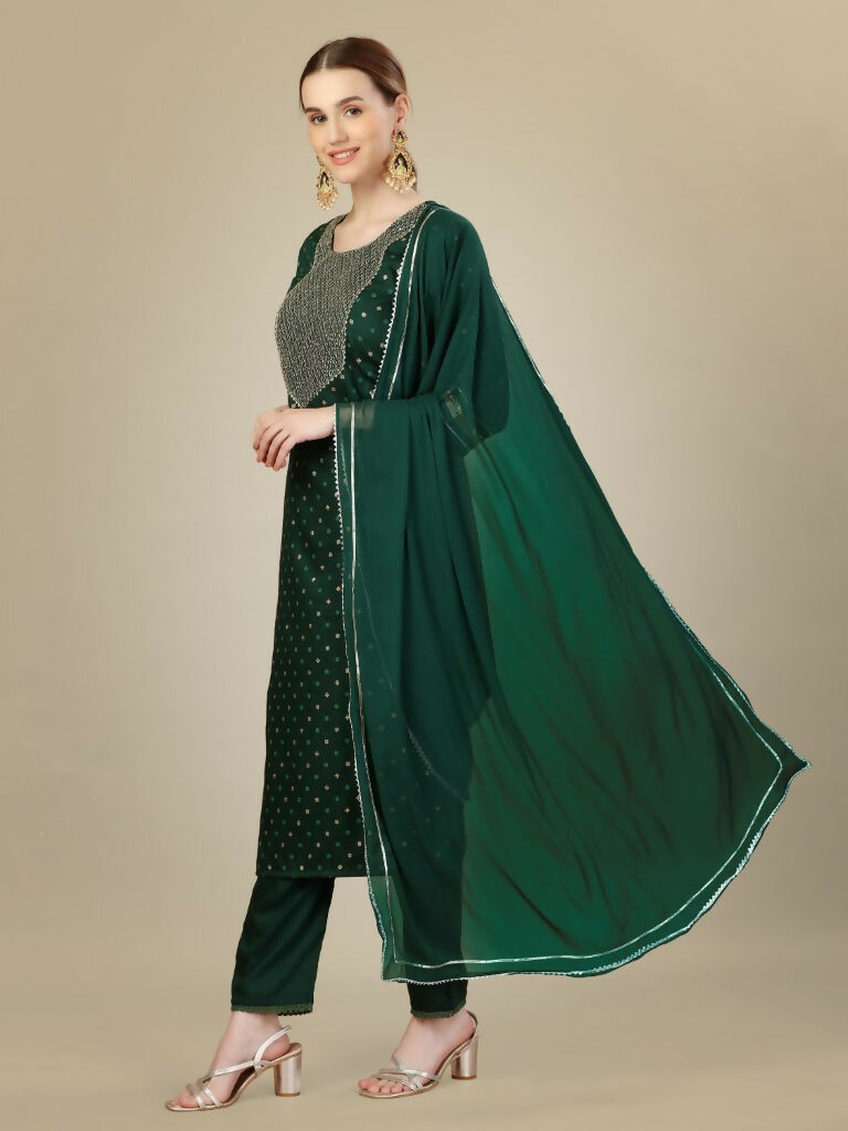 Women's Dark Green Silk Blend Embroidered Straight Kurta Set