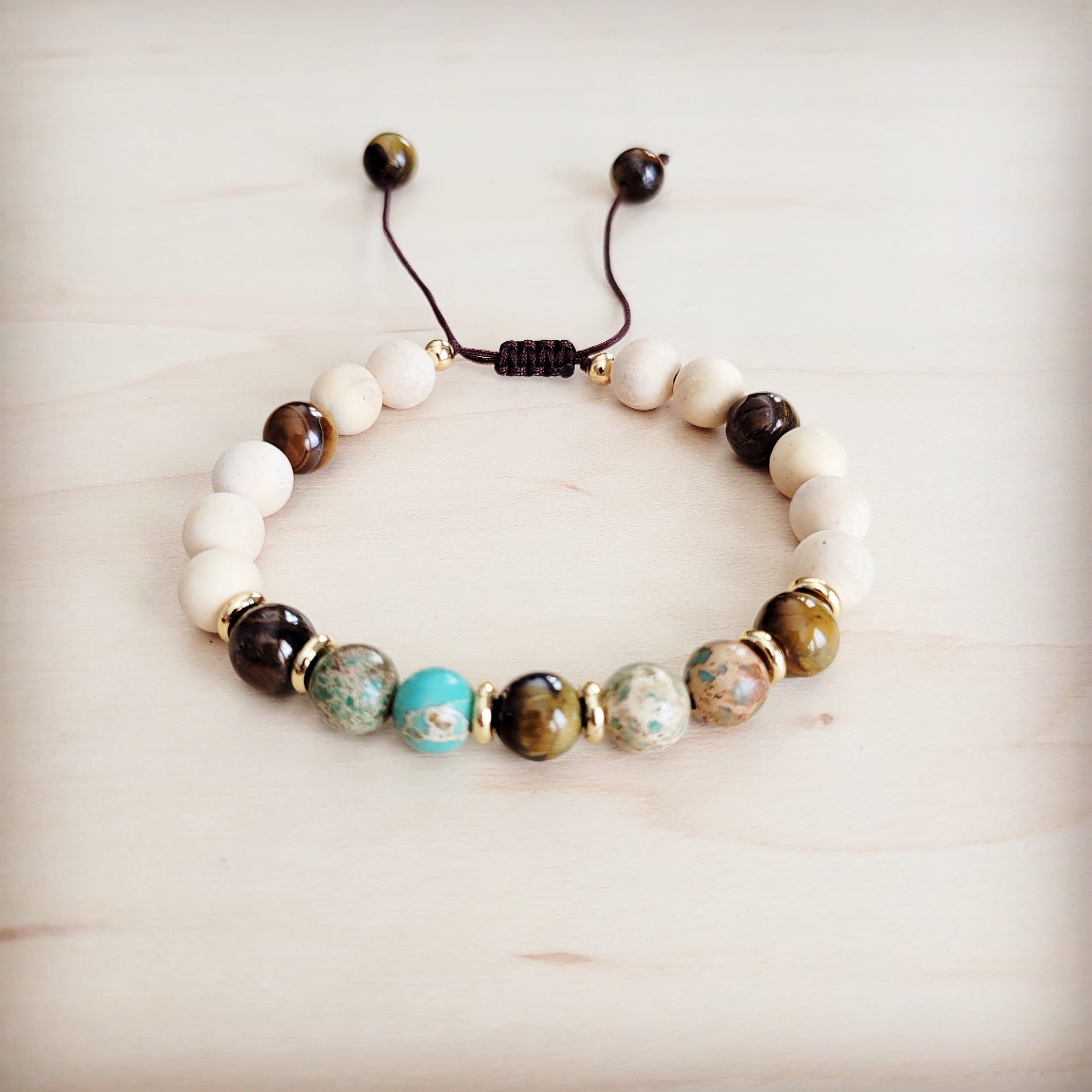 Genuine Jasper and Tigers Eye Adjustable Boho Beaded Bracelet