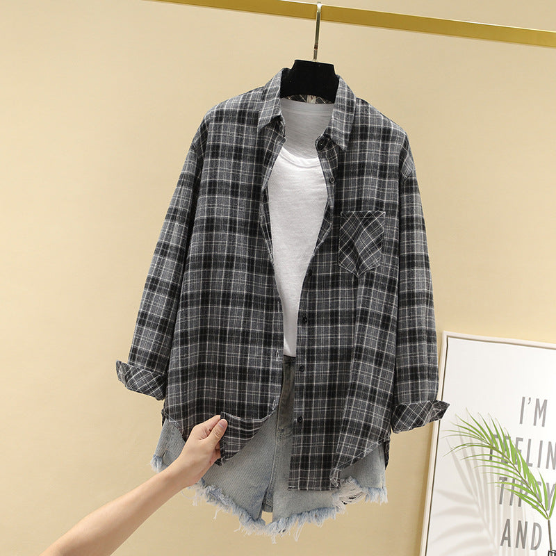 Loose Fit Cotton Plaid Long Sleeve Button-Up Shirt for Women - Image 4