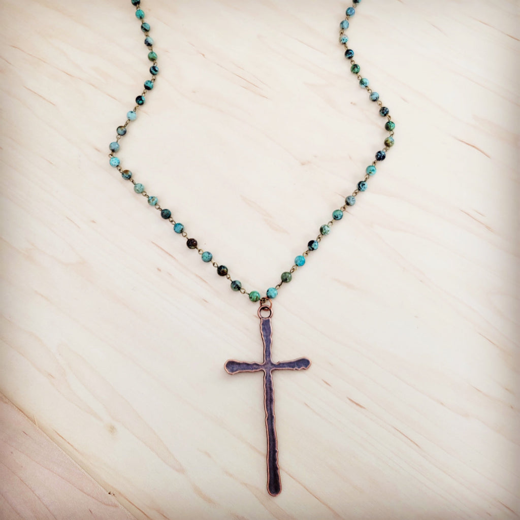 African Turquoise Beaded Necklace with Antique Copper Cross