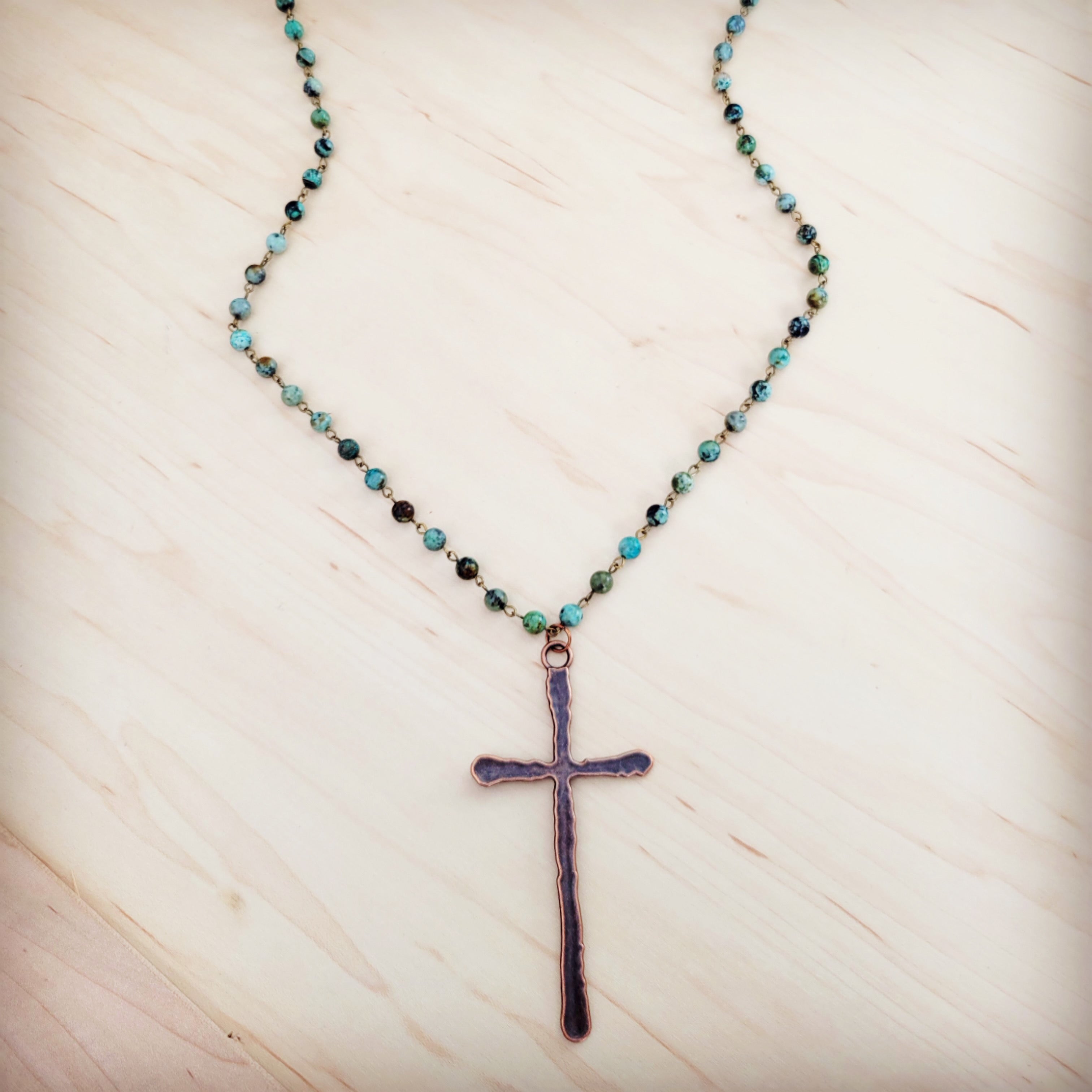 African Turquoise Beaded Necklace with Antique Copper Cross