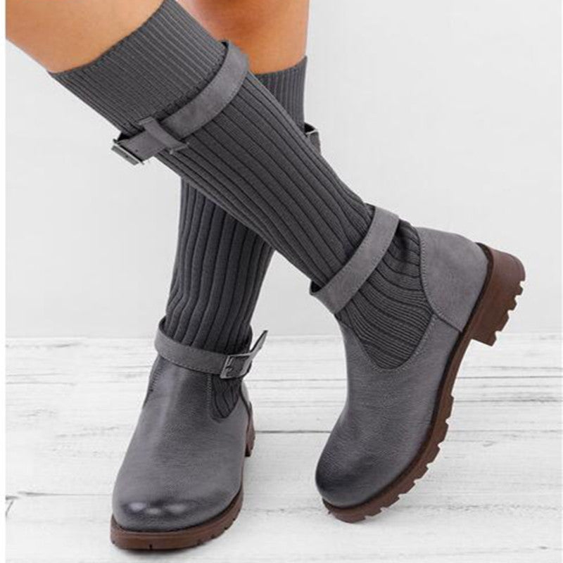 Women's Slouchy Faux Leather Knit Cuff Combat Boots