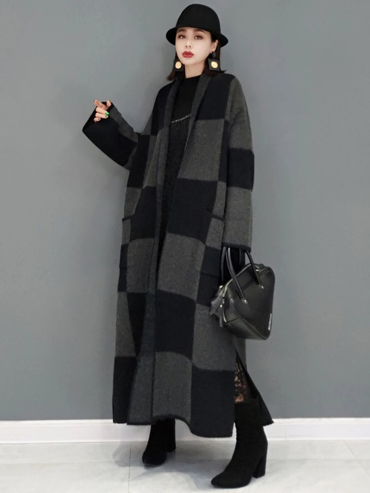 Women's Harajuku Plaid Knitted Longline Coat - Vintage Style - Image 3
