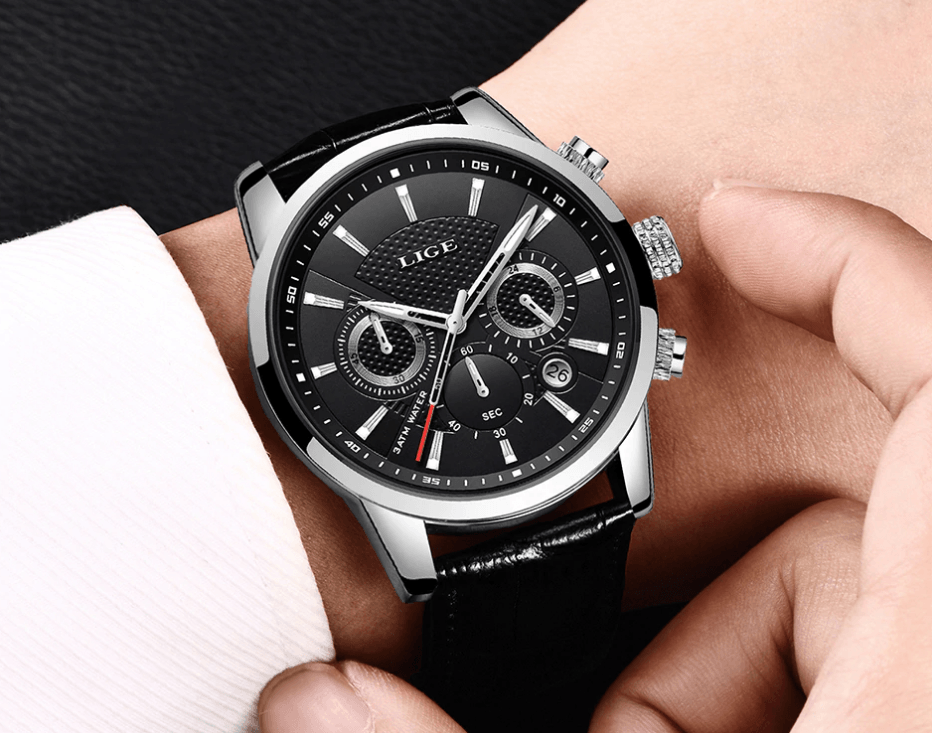 Men's Waterproof Chronograph Sport Watch with Leather Strap